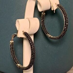 Black Stone and Sterling Silver Hoop Earrings, 1-1/2”